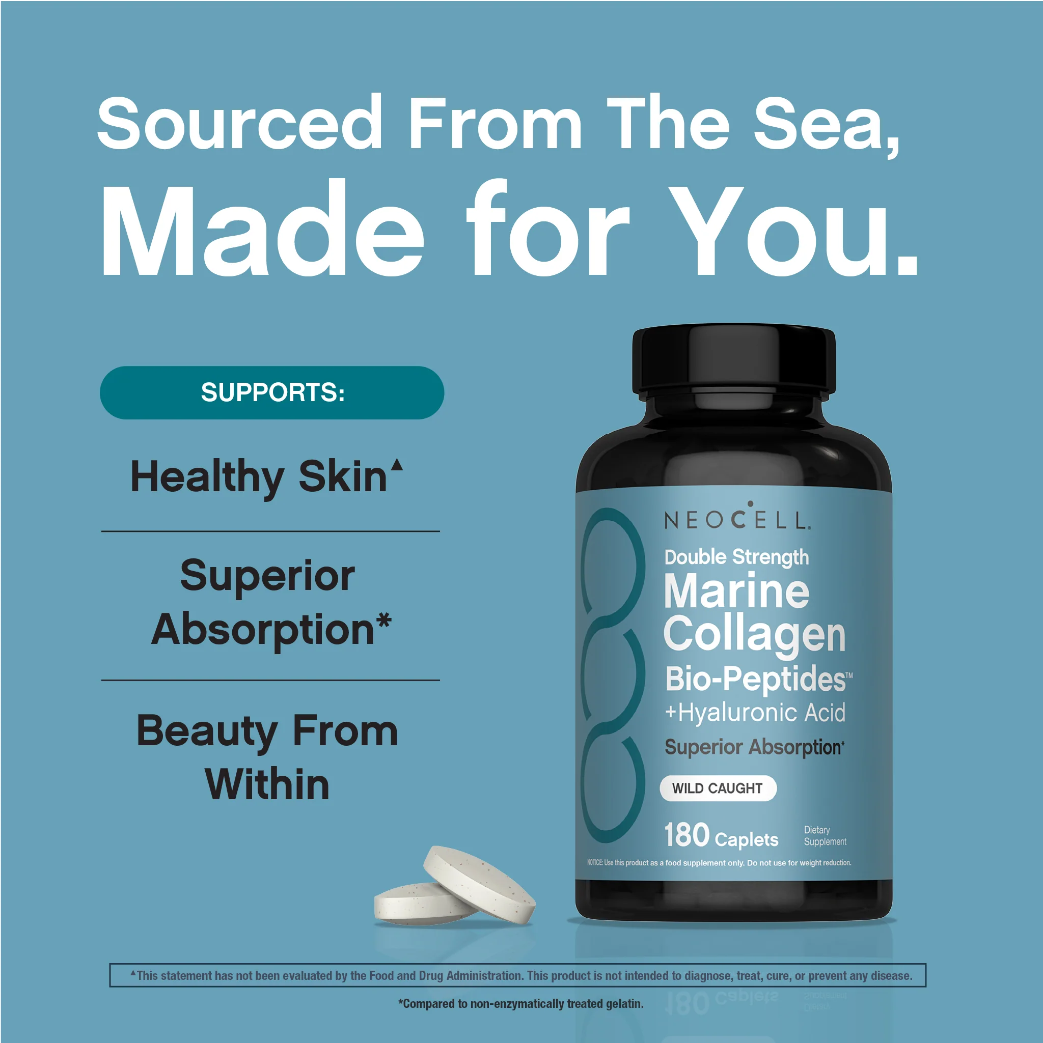 Marine Collagen Bio-Peptides Double Strength + Hyaluronic Acid, 180 Caplets - Image 7